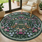 Round Area Rug for Living Room: 4 ft Floral Washable Circle Rug Soft Boho Non-Slip Carpet Indoor Stain Resistant Low Pile Small Circular Rug for Bedroom Entryway Kitchen Nursery Home Office Dark Green