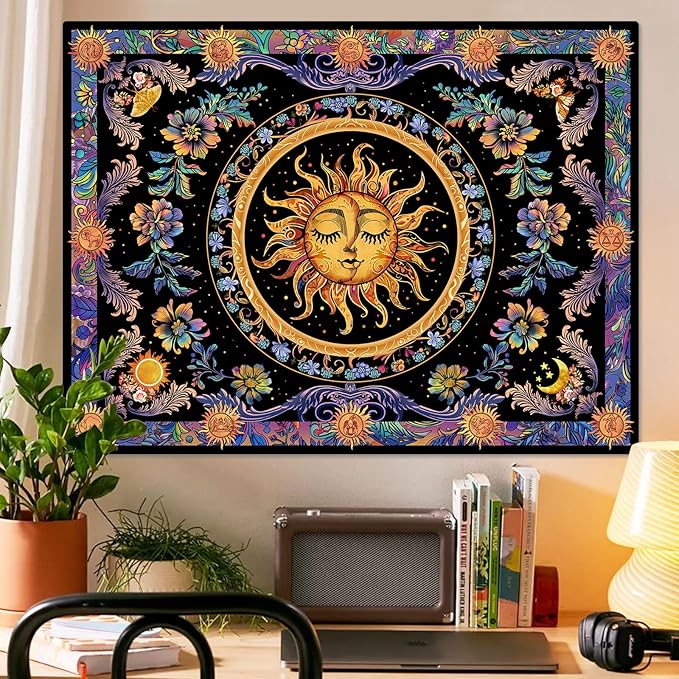 Accnicc Sun and Moon Tapestry Psychedelic Floral Plant Tapestries for Bedroom Aesthetic Hippie Boho Flower Tapestry Wall Hanging for Dorm Living Room (48'' × 36'')