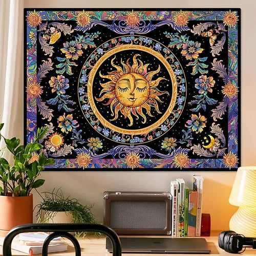 Accnicc Sun and Moon Tapestry Psychedelic Floral Plant Tapestries for Bedroom Aesthetic Hippie Boho Flower Tapestry Wall Hanging for Dorm Living Room (90'' × 68'')