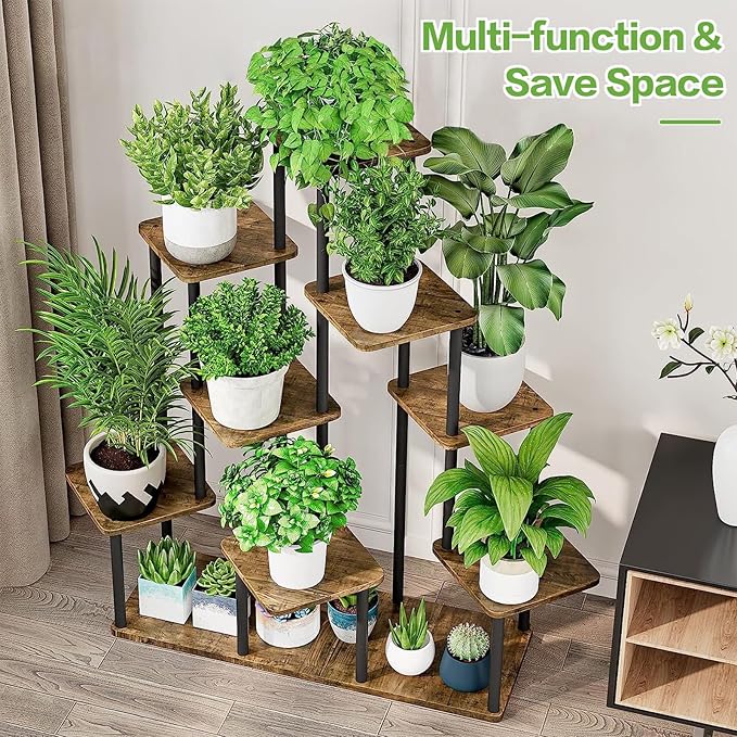 9 Tier Plant Stand Indoor, Thickened Metal Wood Corner Plant Shelf Stands for Multiple Plants, Indoor Tall Plants Stand Tiered Flower Holder for Living Room Patio Garden Balcony(Black+Brown)