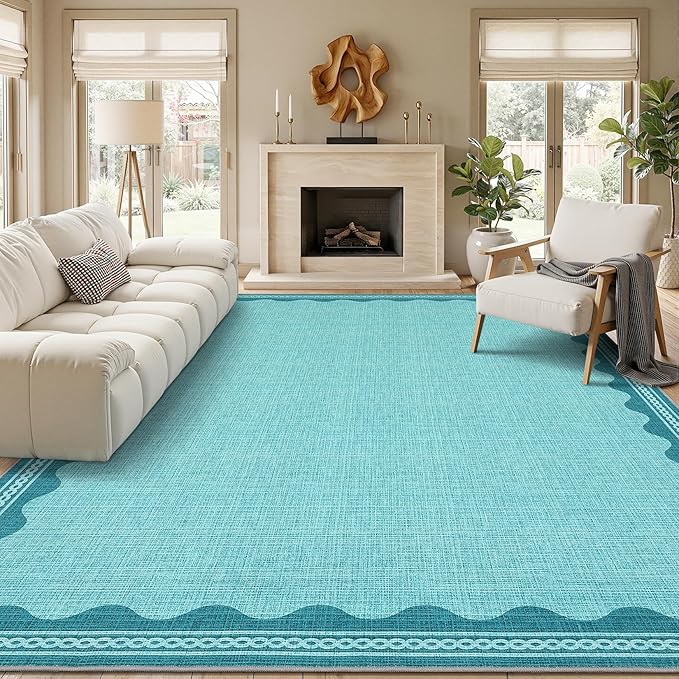 Scalloped Teal Washable Rugs 8x10 Rug for Living Room Solid Modern Minimalism Soft Low-Pile Carpet for Bedroom Dining Nursery Non Slip TPE Backing