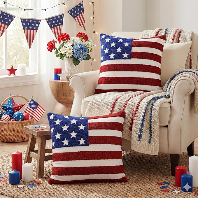 AVOIN colorlife 4th of July Patriotic Striped Star Flag Embroidered Throw Pillow Cover, 18 x 18 Inch Independence Day Decor Tufted Patterned Linen Cushion Case for Sofa Couch