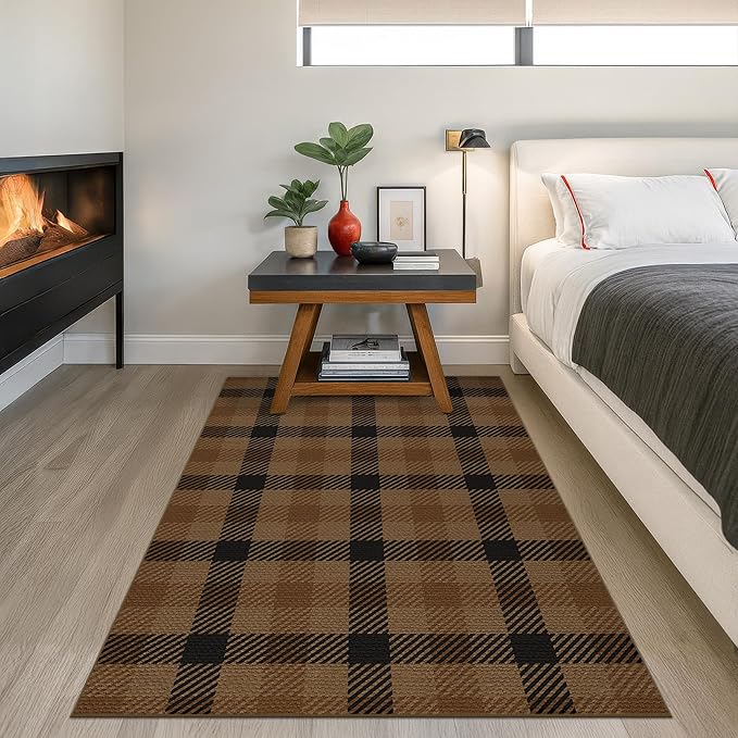 Brown and Black 4x6 Easy Jute Rug for Large Entryway - Neutral Dark Rug with Rubber Backing for Living Room, Checkered Decor for Entrance, Kitchen, Earthy & Coffee Rustic Accent