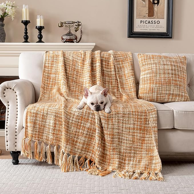 Soft Neon Color Knit Throw Blanket with Tassels, Cozy Boho Home Decro Throw for Sofa Couch Chair Bed, 50X60 Inch, Machine Washable, Orange Color Scheme