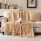 Soft Neon Color Knit Throw Blanket with Tassels, Cozy Boho Home Decro Throw for Sofa Couch Chair Bed, 50X60 Inch, Machine Washable, Orange Color Scheme
