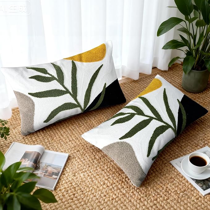 Boho Embroidered Throw Pillow Covers 12x20, Lumbar Decorative Pillow Covers Tufted Abstract Modern Leaf Sun Textured Couch Cushion Cases for Sofa Bed Living Room Decor (1PC, Black Orange)