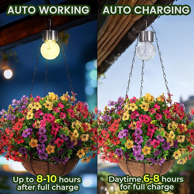 Artificial Faux Hanging Plants Flowers Basket for Summer Outdoor Outside Decorations,Fake Silk UV Resistant Look Real,Realistic Ferns for Outdoors for Porch Garden Decor,12 Bundles (Blue Red Purple)