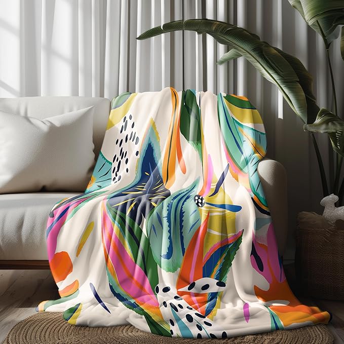 Abstract Colorful Throw Blanket, Jungle Floral Plant Bohemian Modern Asthetic Pastel Contemporary Art Blanket for Women Girls for Couch Bed Flannel Blanket Gift, 80" x 60"