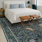 Soft Washable 9x12 Area Rug for Living Room, Bedroom Stain Resistant - Dark Blue Dining Rugs for Under Table, Non-Slip 9 by 12 Low Pile Boho Room Décor for Bedroom, Vintage Bird Floral Design Carpet