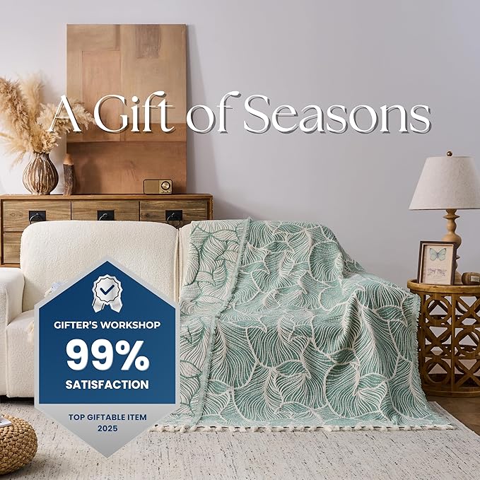 DOWN HOME Chenille Cotton Throw Blanket for Couch, Lightweight Boho Blanket for Bed Sofa Chair Living Room Outdoor Soft Woven Decorative Blanket with Tassel Gift Green Leaves 50"x70"