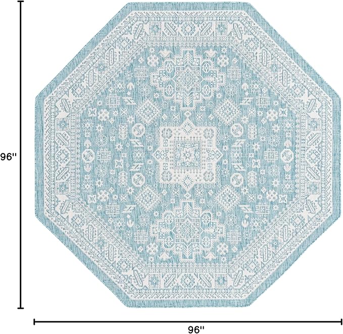 Rugs.com Outdoor Aztec Collection Rug – 8 Ft Octagon Aqua Flatweave Rug Perfect for Living Rooms, Kitchens, Entryways