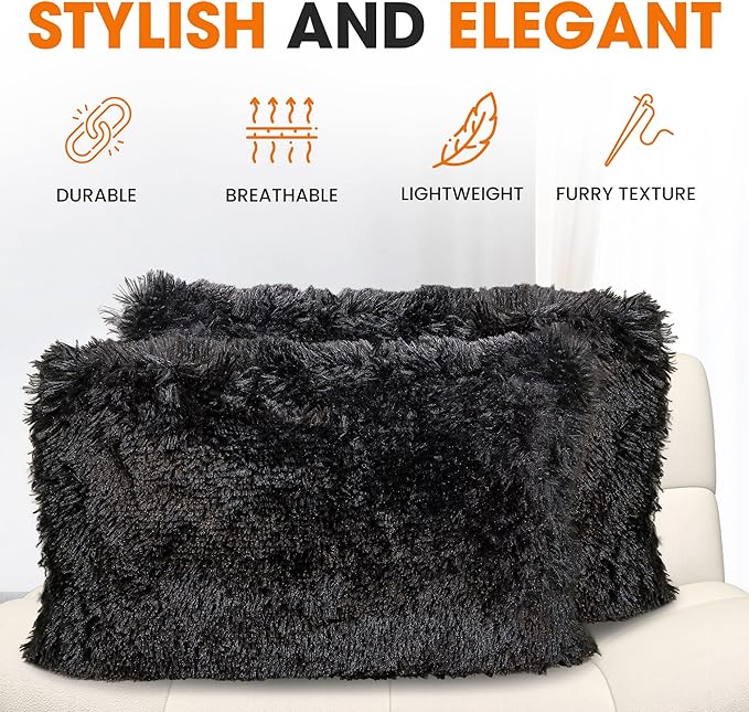 Cheer Collection Throw Pillows for Couch and Bed, Soft Shaggy Throw Pillows with Inserts Included, Cozy Long Hair Faux Fur Pillows - Set of 2-12" x 20" - Black