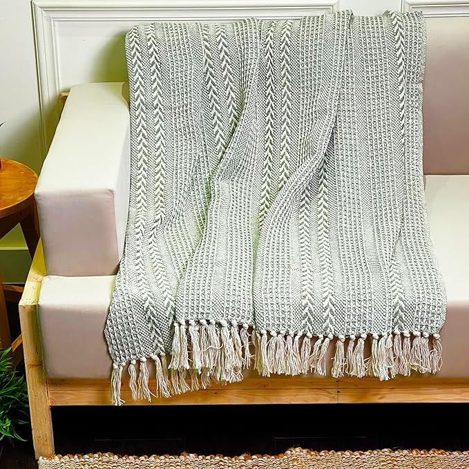 Chardin home - Sage Green & Ivory Braided Waffle Weave Throw, 50x60 in Recycled Cotton- Large, Wearable, Breathable, Skin-Friendly Everyday Blanket for Couch, Bed, Sofa - Soft Lightweight Picnic Rug