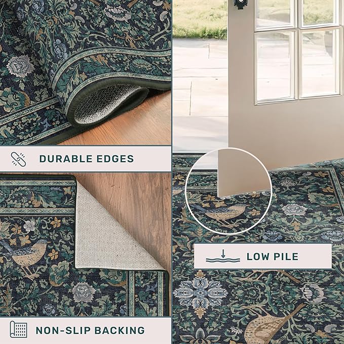 Vintage Large Entryway Rugs Indoor, 3x5 Washable Blue and Green Floral Rugs for Kitchen Floor, Bedroom Beside Bed, Non-Slip & Low Pile Stain Resistant Laundry Carpet with Plant & Bird Pattern