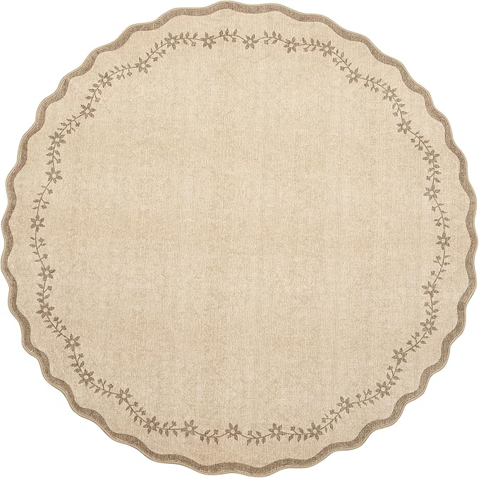 GarveeHome Round Area Rugs 4ft for Kids Room, Solid Jute Scalloped Washable Circle Rug Soft Non Slip Floral Print Floor Mat Tan Carpet Indoor Thin Tent Rug for Bedroom Dining Room Playroom Nursery