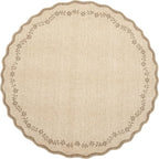 GarveeHome Round Area Rugs 4ft for Kids Room, Solid Jute Scalloped Washable Circle Rug Soft Non Slip Floral Print Floor Mat Tan Carpet Indoor Thin Tent Rug for Bedroom Dining Room Playroom Nursery