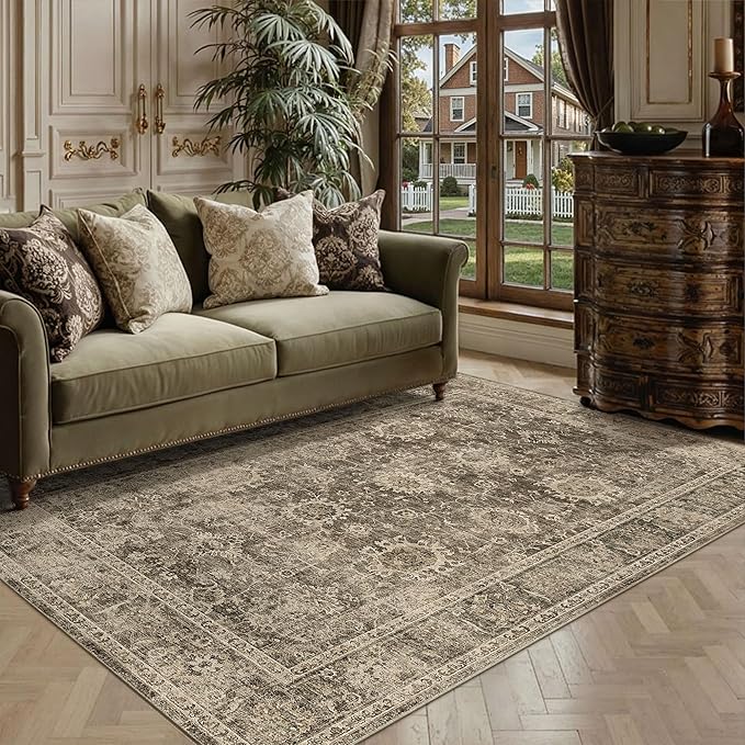 3x4 Washable Area Rug for Entryway Brown Vintage Non-Slip Low Pile Distressed Rustic Carpet Door Mat Soft Small Door Mat Small Throw Rug for Entrance