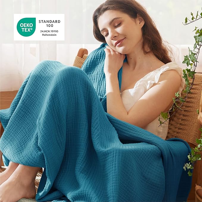 Bedsure 100% Cotton Muslin Blanket King Size for Bed - 4-Layer Breathable and Lightweight Thin Soft Summer Gauze Muslin Blanket for Adults, Teal, 108x90 Inches