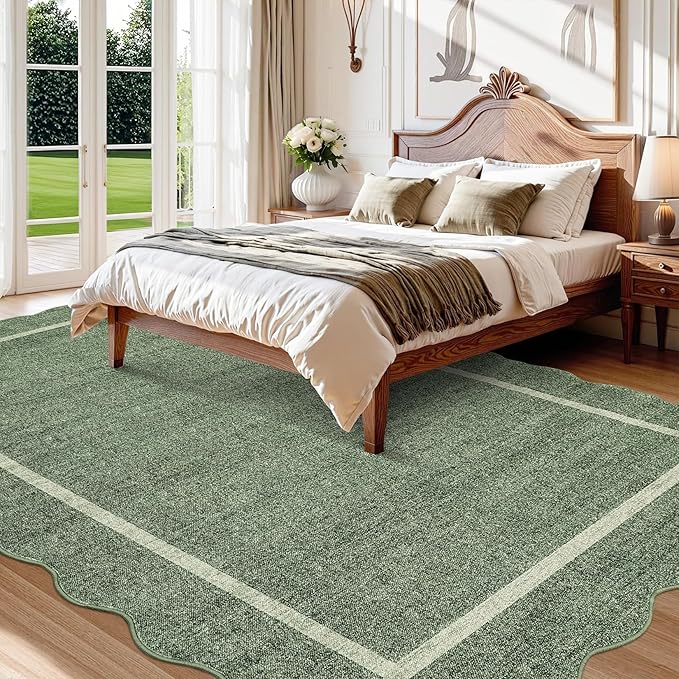 GarveeHome Scalloped Washable Rug 5x7 Area Rug for Living Room Modern Non Slip Throw Rugs Bedroom Rugs Low Pile Soft Non Shedding Stain Resistant Carpet for Dining Room Nursery 5'x7' Greyish Green
