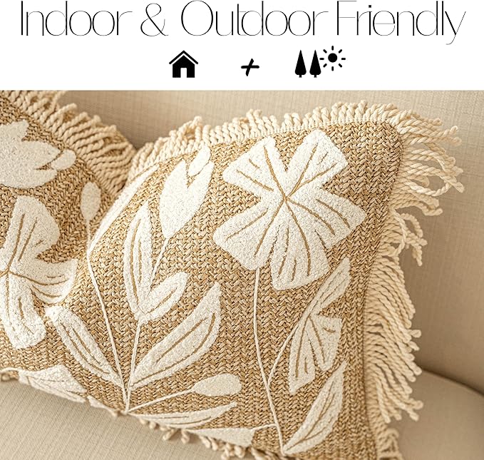 BlissBlush Jute Decorative Spring Long Lumbar Pillow Cover 14x36, Neutral Floral Tufted Body Pillow for Bed, Accent Lumbar Throw Pillow for Bedroom,Outdoor Lounge (Cover Only)