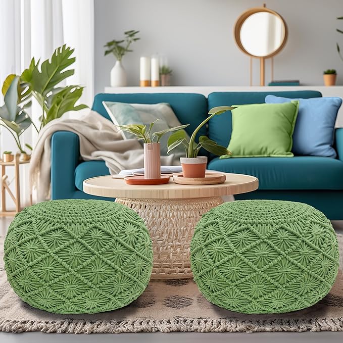 COTTON CRAFT Macrame Braided Pouf - Knitted Cotton Cord Comfortable Round Dori Pouf - Prefilled Ottoman Footrest Bean Bag - Stuffed Boho Moroccan Accent Seating - Nursery Bedroom Dorm - 20x14 - Green