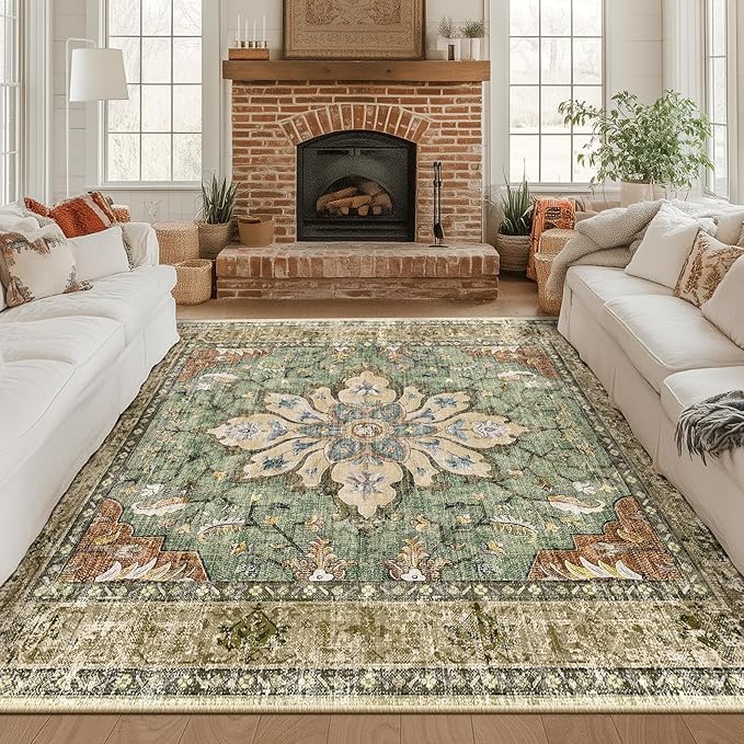 Area Rugs Square 8ft Washable Non-Slip, Floral Vintage Distress Print Pattern Medallion Carpet for Living Room Bedroom Dining Room, Brick Red Rust Neutral Brown Burnt Orange Green