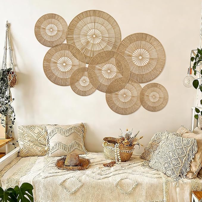 YIYA Set of 8 Boho Wall Decoration Jute Wall Decor Baskets Round Hand Woven Wicker Rattan Wall Art for Living Room Farmhouse Bedroom Nursery