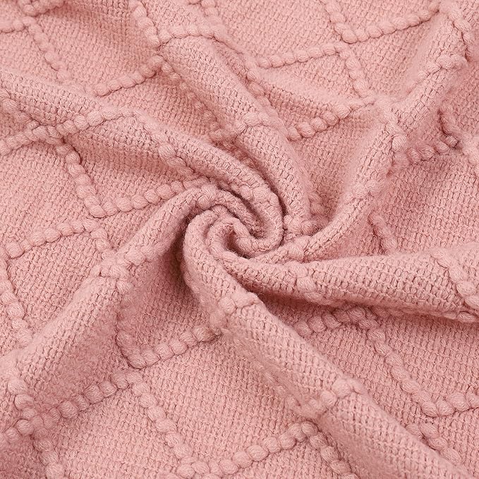 BATTILO HOME Blush Throw Blanket with Tassels, Pink Knit Blanket for Home Decor, Boho Style Textured Knitted Decorative Twin Blanket for Couch, Sofa &Bed, 52"x80"