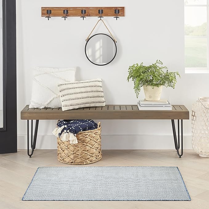 Nourison Home Courtyard Ivory Blue 3' x 5' Area Rug - Easy Clean, Non Shedding, Bed Room, Living Room, Dining Room, Kitchen (3' x 5')