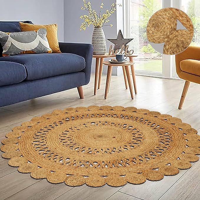 Hand Woven Braided Jute Rug - 5' Round - Reversible Farmhouse Rugs for Living Room, Bedroom, Dining Room, Kitchen - Natural Decorative Floor Boho Entry Area Rugs - Round Jute Rug 5 Foot