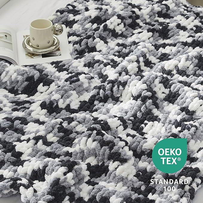 Amélie Home Chunky Knit Throw Blanket for Couch, Soft Chenille Crochet Blanket for Sofa, 50"x60", Space-Dyed Black