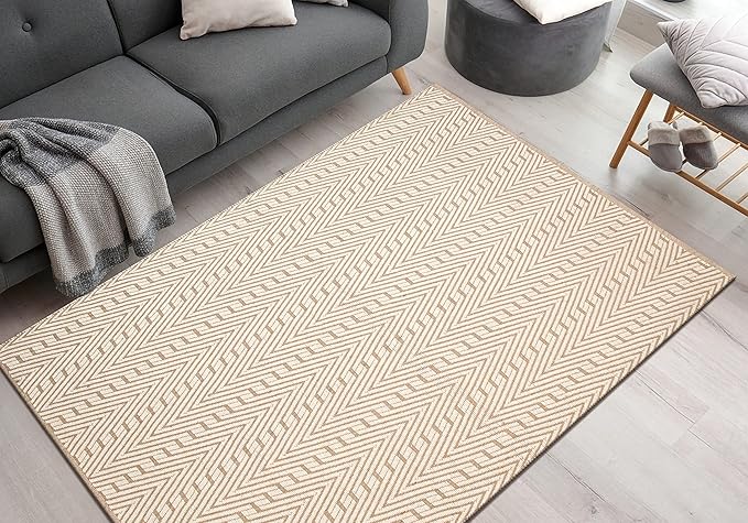 Jute Cotton Geomatric Area Rug 5x7 Feet - Natural White, Farhouse Reversible Soft & Sturdy Floor Rugs Ideal for Living Room, Dinning Space, Bedroom | Decorative Neutral Blend Patio Mat for Nursary