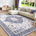 Amearea Vintage Design Area Rugs for Living Room, 5x8 Machine Washable Floral Collection Traditional Bedroom Rug, Low Pile Cute Kids Room Print Carpet, No Slip Office Kitchen Home Decor, Blue