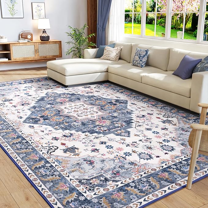 Amearea Vintage Design Area Rugs for Living Room, 5x8 Machine Washable Floral Collection Traditional Bedroom Rug, Low Pile Cute Kids Room Print Carpet, No Slip Office Kitchen Home Decor, Blue