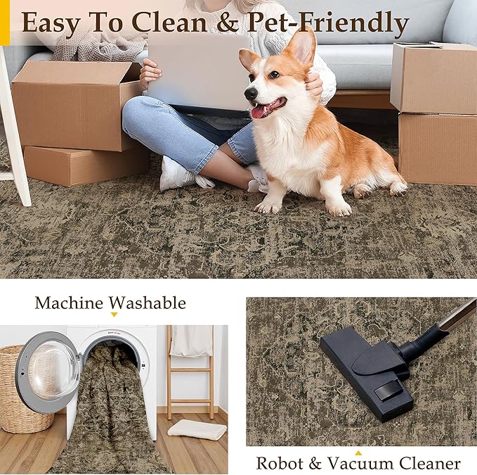 6x9 Washable Area Rug Brown Vintage Distressed Large Rug for Living Room Oriental Soft Thin Indoor Retro Carpet Non Slip Low Pile Floor Cover for Bedroom Dining Room Office Nursery