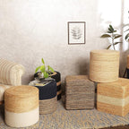 REDEARTH · Cube Pouf Foot Stool Ottoman - Jute Braided Pouffe Poof Accent Sitting Footrest for The Living Room, Bedroom, Nursery, Patio, Lounge 50% Jute 50% Cotton (14.5”X14.5”X16”; Natural Black)