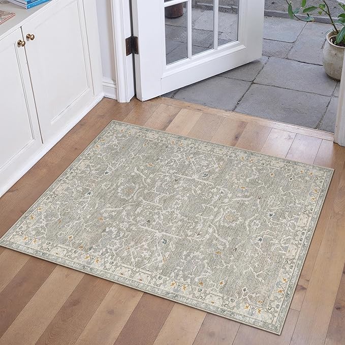 HUGEAR 2x3 Entryway Area Rug Retro Grey Small Rug Machine Washable Door Mat Vintage Floral Low Pile Carpet Vacuumable Distressed Throw Rug Entrance Kitchen Bathroom Bedroom Non Slip Lightweight