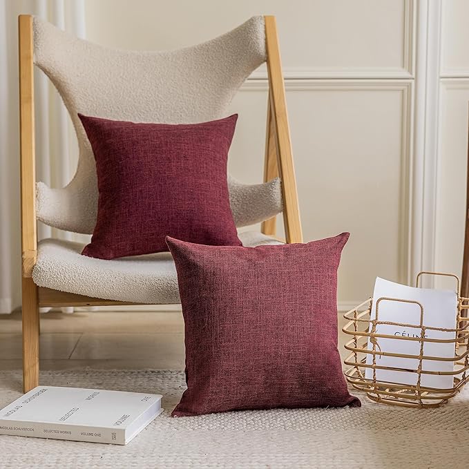 Home Brilliant Decorative Pillow Covers 18 x 18 Set of 4 Wine Red Vintage Lined Linen Throw Pillow Cases Durable Pillow Covers for Sofa Couch and Living Room, 18x18 Inch, Wine Red