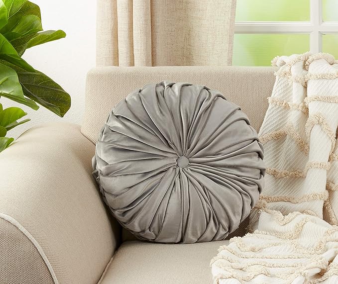 SARO LIFESTYLE Round Velvet Pintucked Poly Filled Throw Pillow (Set of 2)