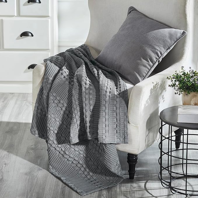 VHC Brands 100% Cotton Waffle Weave Dark Gray Throw 50x60, Decorative Cotton Throw Blanket, Boho Farmhouse Bedroom, Living Room Decor for Bed, Couch, or Sofa