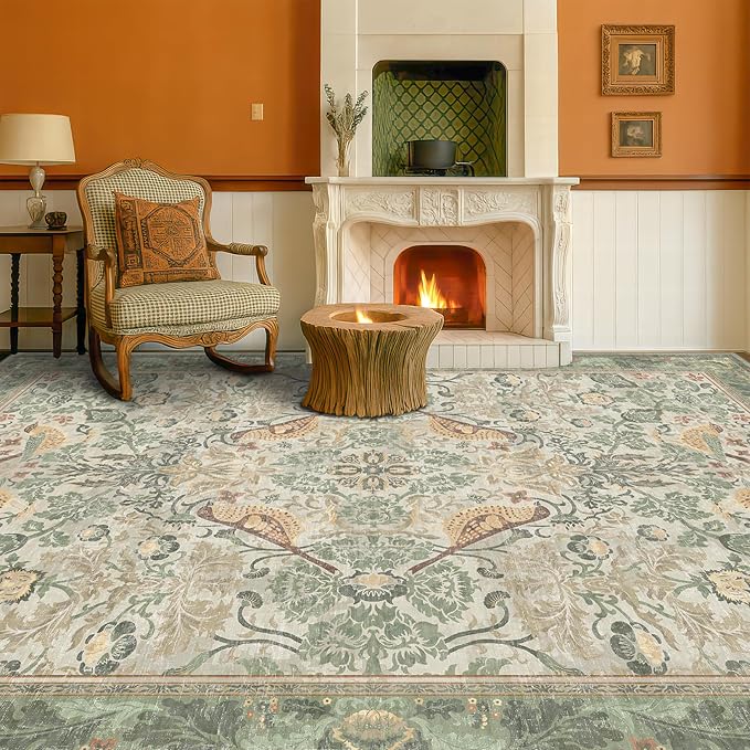 Washable Living Room Rug 7x9 - Sage Floral Nature Rugs for Bedroom, Dining Room Kitchen Table Rug for Under Table, Office, Stain Resistant Non-Slip Large - Sage Green/Beige
