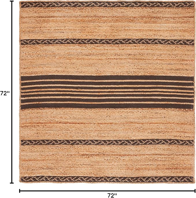 SAFAVIEH Natural Fiber Collection Area Rug - 6' Square, Natural & Brown, Handmade Stripe Boho Farmhouse Rustic Braided Jute, Ideal for High Traffic Areas in Living Room, Bedroom (NFB262T)
