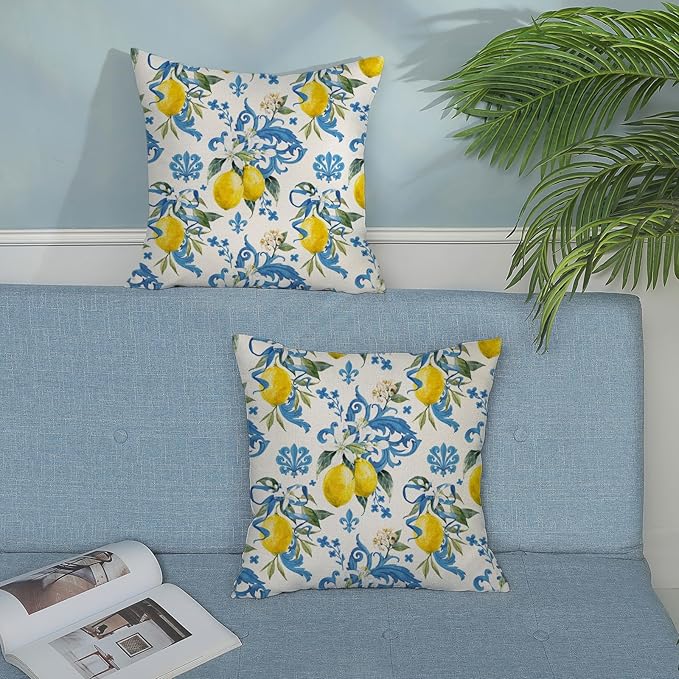 Summer Pillow Covers 18x18 Inch Set of 2 Blue Lemon Pillow Covers Seasonal Summer Outdoor Decorative Pillow Cases Linen Farmhouse Floral Cushion Covers Decor for Couch Living Room Bedroom