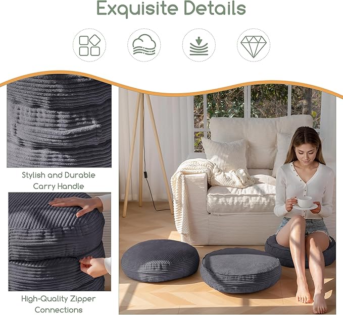 HIGOGOGO Pouf Ottoman Stuffed Round Modern Foam Filled Foot Rest Poufs 20 X 18 Inches Modular Ottomans Separated Into Floor Cushions for Living Room Chair Decorative Stool, Dark Grey