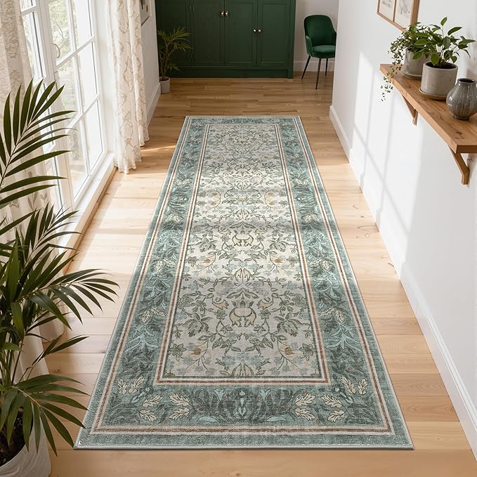 GarveeHome Runner Rugs 2x6 Kitchen Runner Rug Non Slip Washable Runners for Hallways, Boho Vintage Rugs with Rubber Backing Low-Pile Indoor Carpet for Entryway Bedroom Sage Green