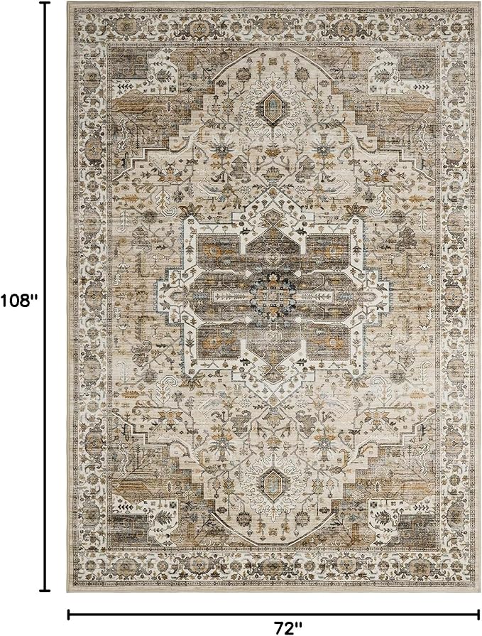 6x9 Rug, Stain Resistant Washable Area Rugs with Anti-Slip Backing, Vintage Large Bedroom, Living Room Rugs, Foldable Soft Rug (Beige/Brown, 6'x9')