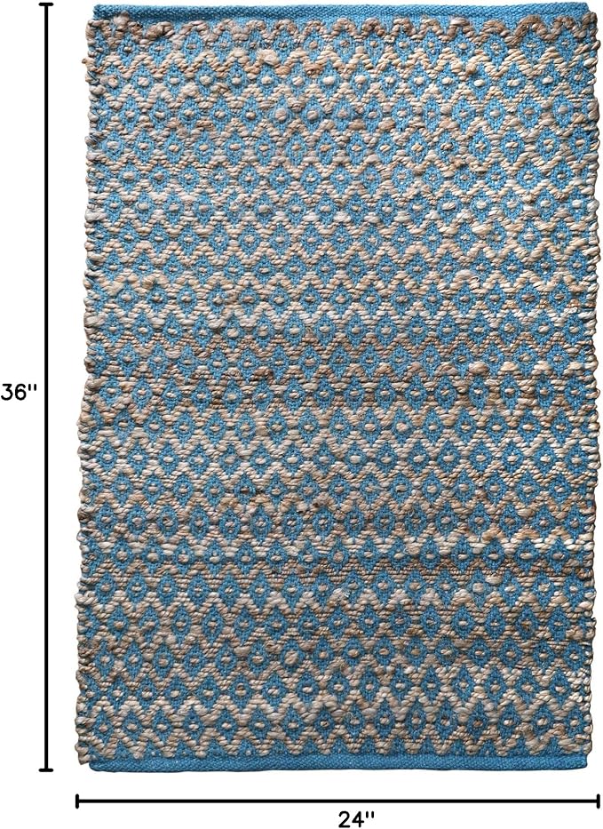 Jute Cotton Diamond Woven Rag Rug 2x3 Feet - Teal Natural, Reversible Small Soft Floor Décor Area Rugs Ideal for Entryway, Kitchen, Laundry Room | Boho Farmhouse Accent Sturdy Door Mat for Bedroom
