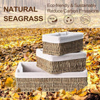 FairyHaus Seagrass Storage Baskets with Liner, Natural Small Seagrass Baskets, Hand-woven Nesting Wicker Baskets Set for Shelves Rectangle 3Pack (L+M+S)