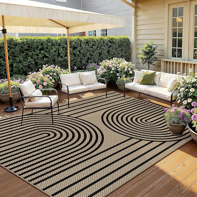 Outdoor Rug 5x7 Rugs for Living Room Washable Non-Slip Easy Jute Rug Indoor Outdoor Low Pile Ultra-Thin Area Rug Black Rainbow Carpet for Dining Room Bedroom Patio Office Dorm Nursery Floor Mats