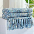 Multi-Color Light Blue Cable Woven Throw Blanket for Couch,60"X80" Boho Style Textured Blankets for Home Decor,Super Soft Warm Cozy Chunky Blanket with Decorative Tassels for Bed